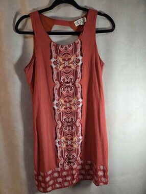 Embroidered Coral Sleeveless Shift Dress